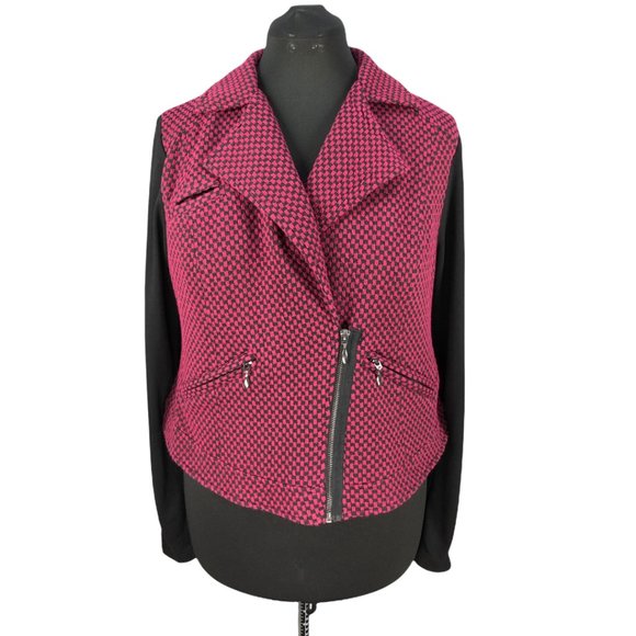 TORRID Beet Red/Black Checkered Print Moto Jacket Sz 1/1X - Picture 2 of 13